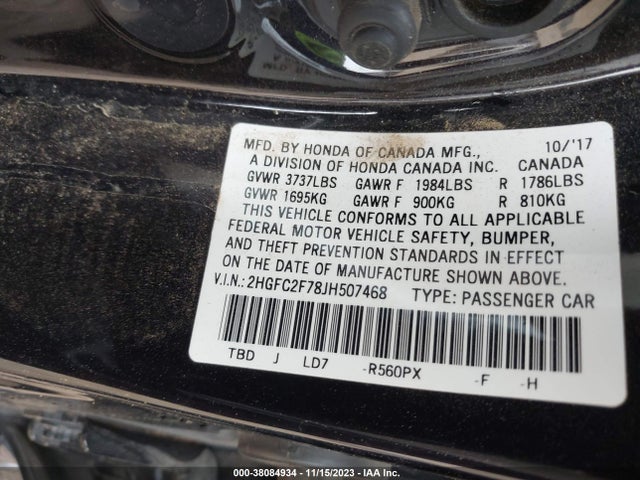 2018 HONDA CIVIC EX VIN: 2HGFC2F78JH507468