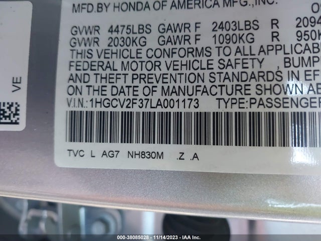 2020 HONDA ACCORD SPORT 2.0T VIN: 1HGCV2F37LA001173