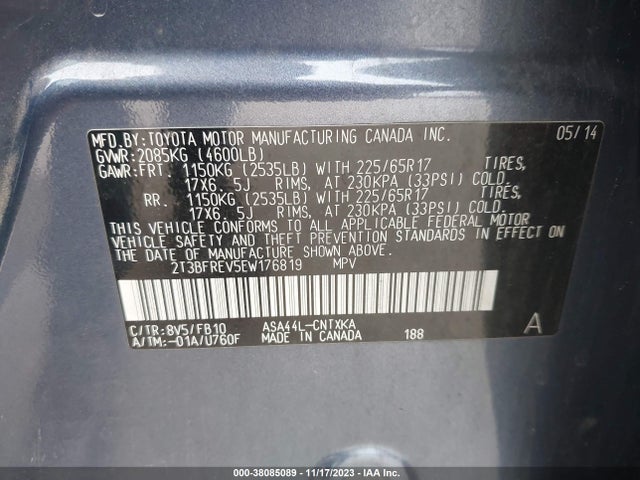 2014 TOYOTA RAV4 LE VIN: 2T3BFREV5EW176819