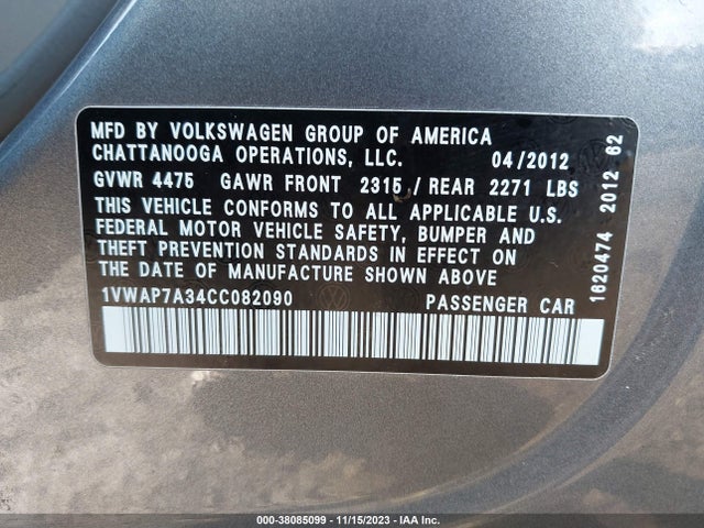 2012 VOLKSWAGEN PASSAT 2.5L S VIN: 1VWAP7A34CC082090
