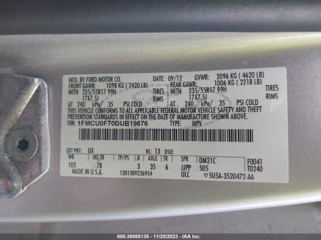 2013 FORD ESCAPE S VIN: 1FMCU0F70DUB19876