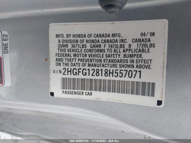 2008 HONDA CIVIC EX VIN: 2HGFG12818H557071