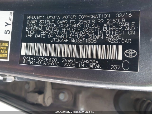 Aukcja sprzedaży 2016 Toyota Prius Three, vin: JTDKARFU4G3511806, numer aukcji: 38085324