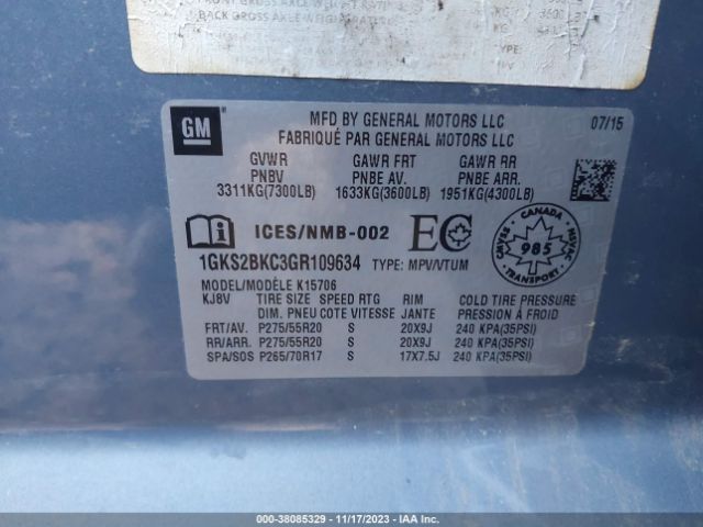 1GKS2BKC3GR109634 GMC YUKON SLT