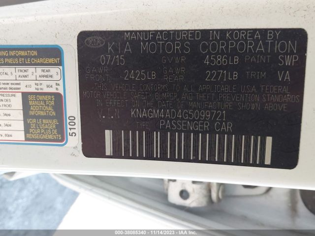 KNAGM4AD4G5099721 KIA OPTIMA HYBRID