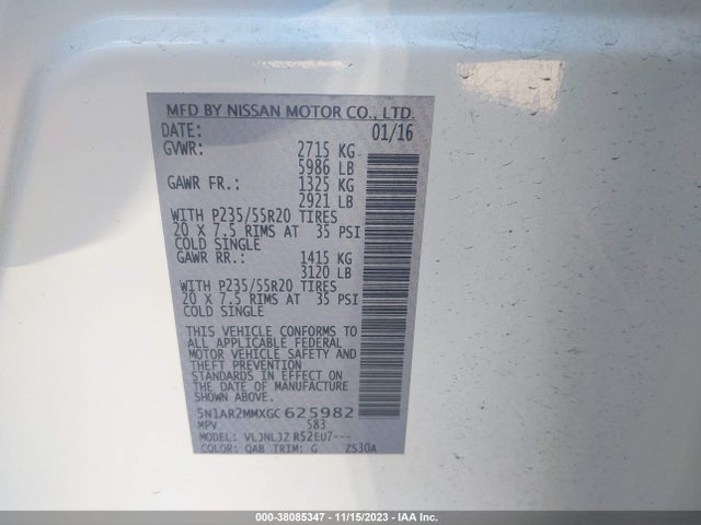 2016 NISSAN PATHFINDER PLATINUM VIN: 5N1AR2MMXGC625982