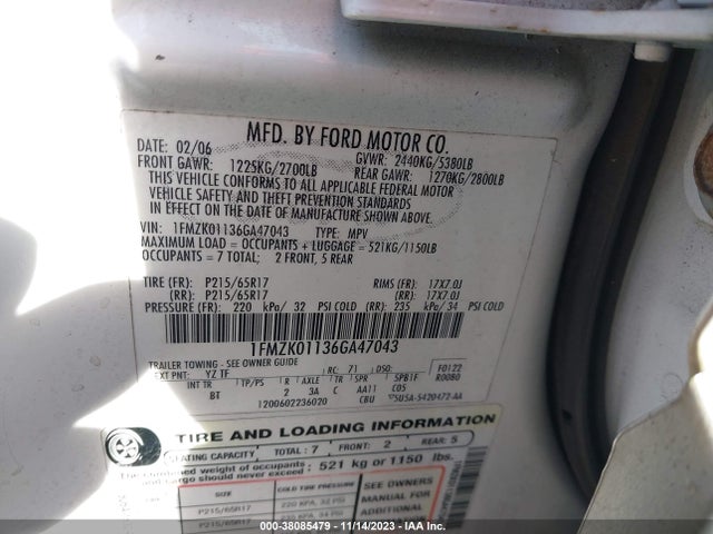 2006 FORD FREESTYLE SE VIN: 1FMZK01136GA47043