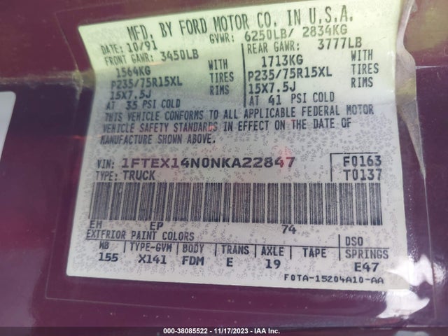 1992 FORD F150 VIN: 1FTEX14N0NKA22847