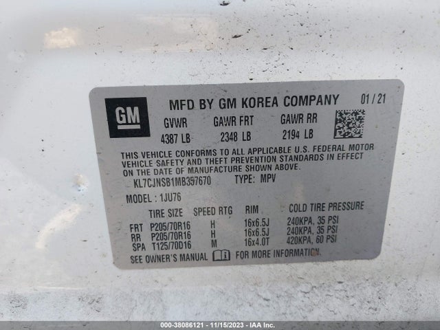 Chevrolet Trax Awd Ls 2021 KL7CJNSB1MB357670 Image 9