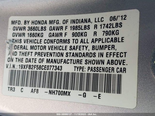 2012 HONDA CIVIC LX VIN: 19XFB2F58CE077343