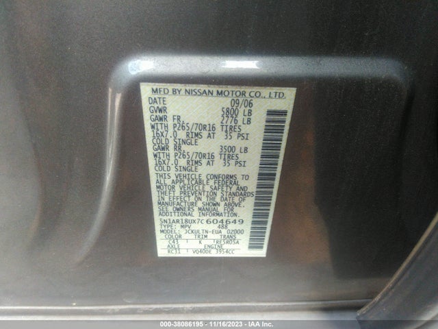 2007 NISSAN PATHFINDER SE VIN: 5N1AR18UX7C604649