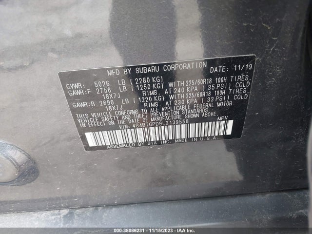 2020 SUBARU OUTBACK TOURING XT VIN: 4S4BTGPD9L3139558
