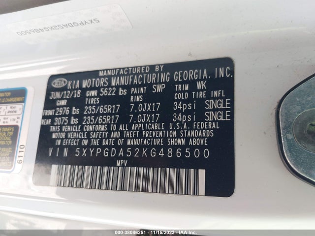 2019 KIA SORENTO 3.3L LX VIN: 5XYPGDA52KG486500