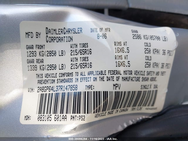 2007 CHRYSLER TOWN & COUNTRY LIMITED VIN: 2A8GP64L37R147858