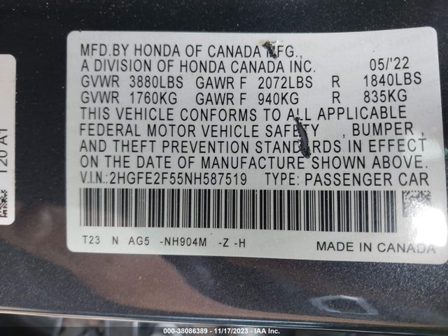 2022 HONDA CIVIC SPORT VIN: 2HGFE2F55NH587519