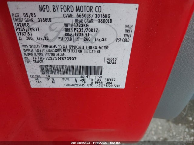 2005 FORD F-150 XLT/STX/XL VIN: 1FTRF12275NB73907