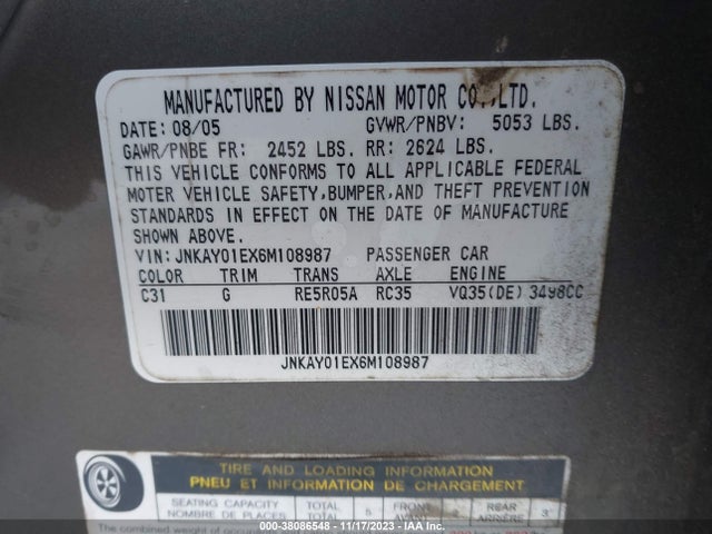 Aukcja sprzedaży 2006 Infiniti M35, vin: JNKAY01EX6M108987, numer aukcji: 38086548