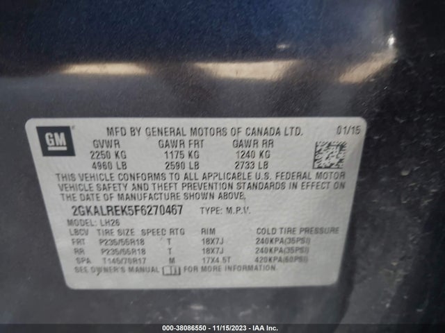 2015 GMC TERRAIN SLE-2 VIN: 2GKALREK5F6270467