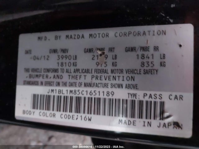2012 MAZDA MAZDA3 I GRAND TOURING VIN: JM1BL1M85C1651189