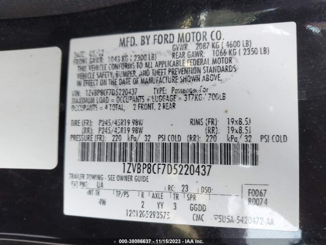 2013 FORD MUSTANG GT PREMIUM VIN: 1ZVBP8CF7D5220437