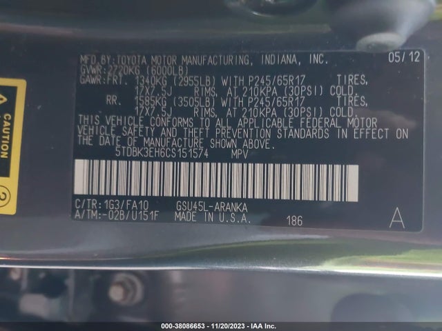 2012 TOYOTA HIGHLANDER BASE V6 VIN: 5TDBK3EH6CS151574