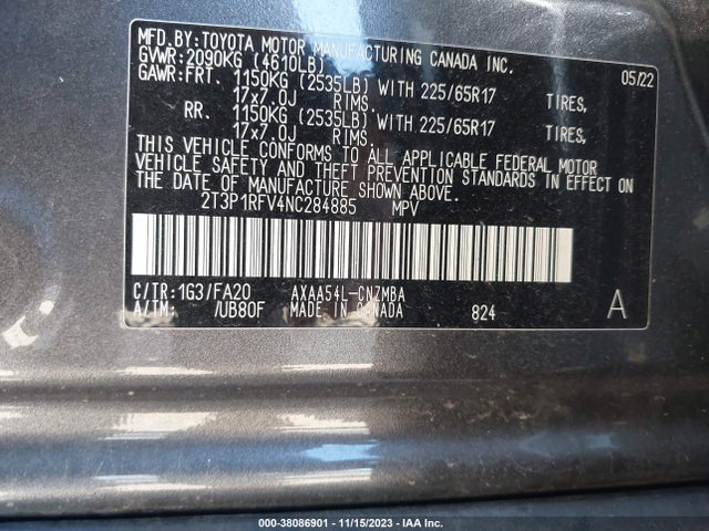 2022 TOYOTA RAV4 XLE VIN: 2T3P1RFV4NC284885