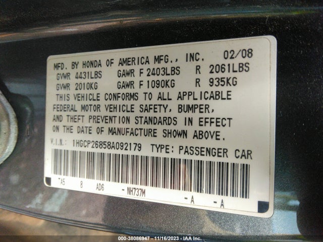 2008 HONDA ACCORD 2.4 EX-L VIN: 1HGCP26858A092179