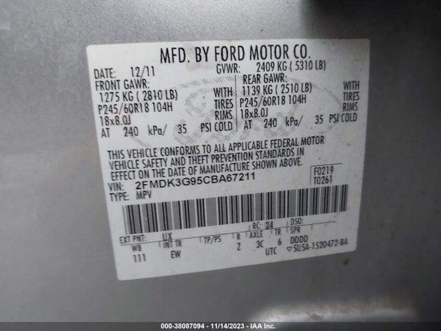 2012 FORD EDGE SE VIN: 2FMDK3G95CBA67211