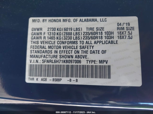 2019 HONDA ODYSSEY EX-L VIN: 5FNRL6H71KB097006