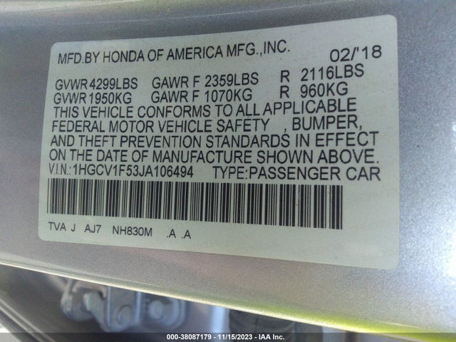 2018 HONDA ACCORD EX-L VIN: 1HGCV1F53JA106494