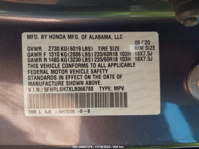 5FNRL6H7XLB066788 Honda Odyssey Ex-l/ex-l W/navi & Res