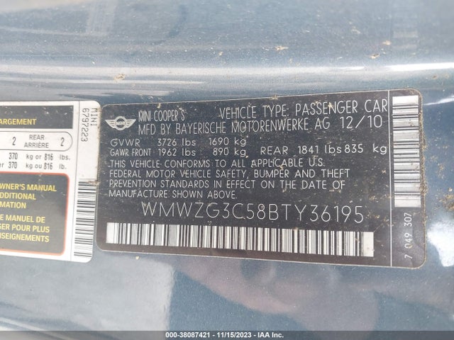 2011 MINI COOPER S CLUBMAN WMWZG3C58BTY36195 Photo 8