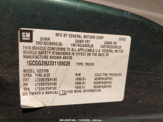 2003 CHEVROLET EXPRESS VIN: 1GCGG29U331109028