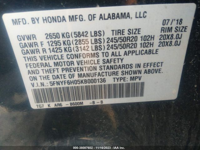 5FNYF6H05KB000136 Honda Pilot Elite