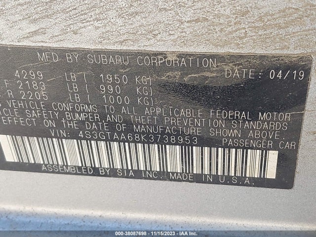Subaru Impreza 2.0i 2019 4S3GTAA68K3738953 Image 9