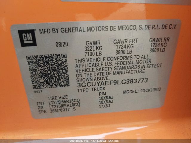 3GCUYAEF9LG383773 Chevrolet Silverado 1500 4wd  Short Bed Wt