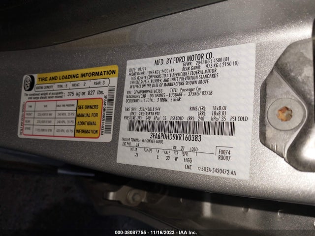 Ford FUSION SE 2019 3FA6P0HD9KR160383 Image 9