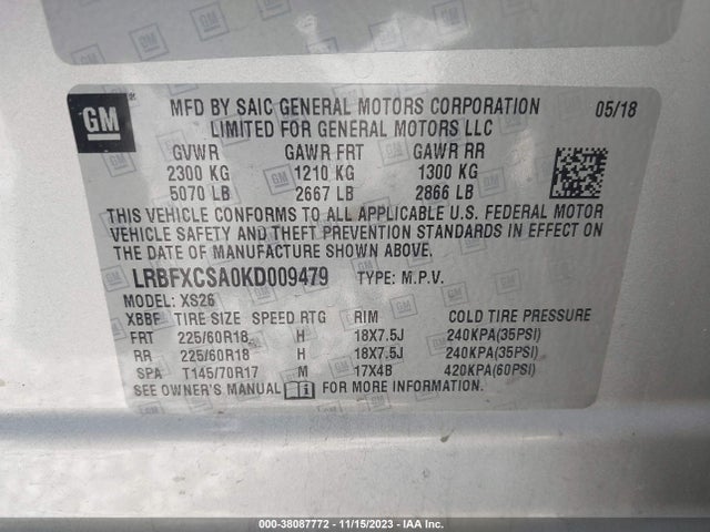 2019 BUICK ENVISION FWD ESSENCE VIN: LRBFXCSA0KD009479