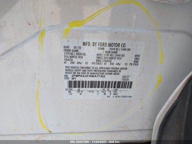 2022 FORD EDGE SEL VIN: 2FMPK4J91NBA77362