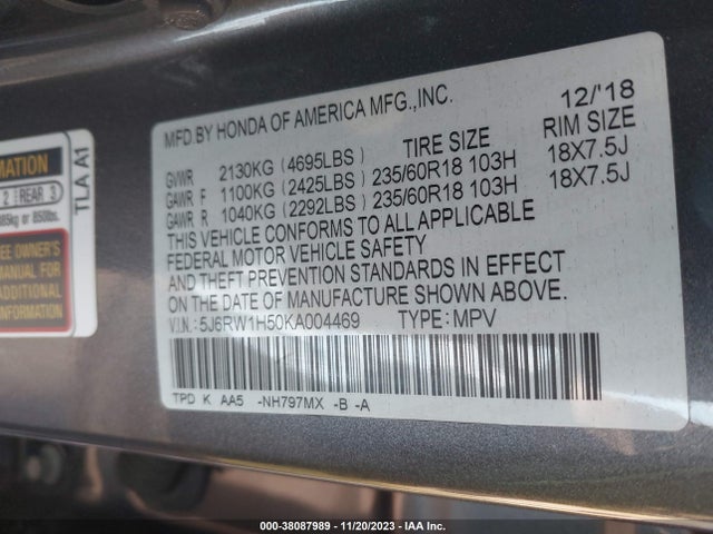 Honda CR-V EX 2019 5J6RW1H50KA004469 Image 9