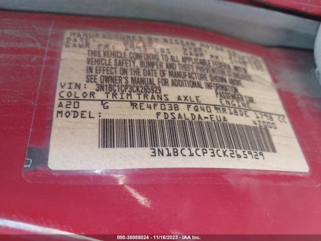 2012 NISSAN VERSA 1.8 S VIN: 3N1BC1CP3CK265929