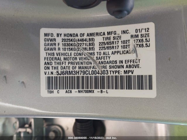 2012 HONDA CR-V EX-L VIN: 5J6RM3H79CL004303