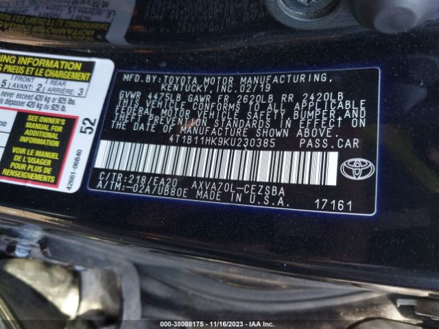4T1B11HK9KU230385 Toyota CAMRY SE