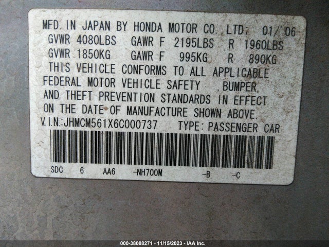 2006 HONDA ACCORD 2.4 VP VIN: JHMCM561X6C000737