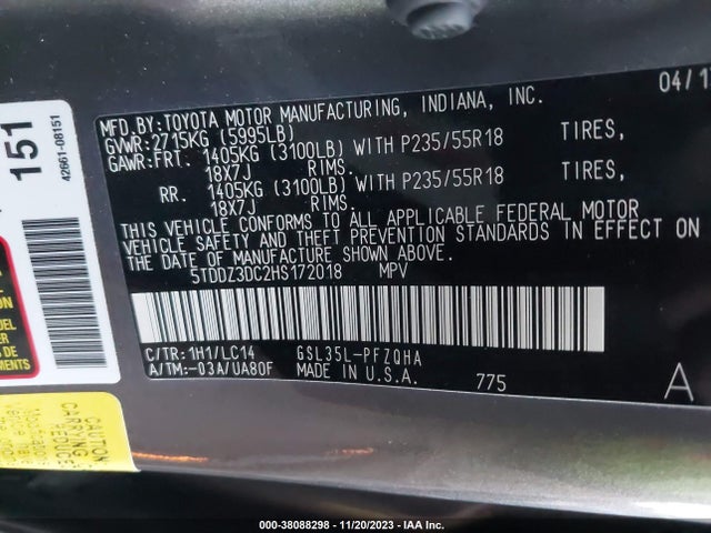 2017 TOYOTA SIENNA XLE 7 PASSENGER VIN: 5TDDZ3DC2HS172018