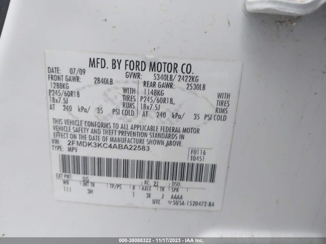2010 FORD EDGE LIMITED VIN: 2FMDK3KC4ABA22583