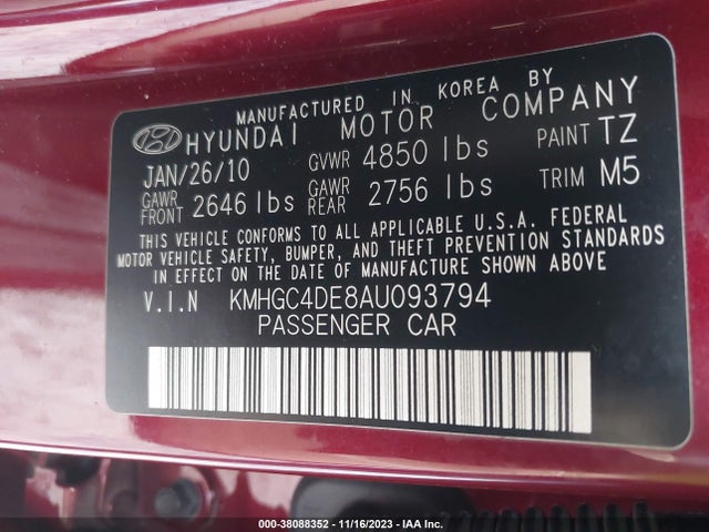 2010 HYUNDAI GENESIS 3.8 VIN: KMHGC4DE8AU093794