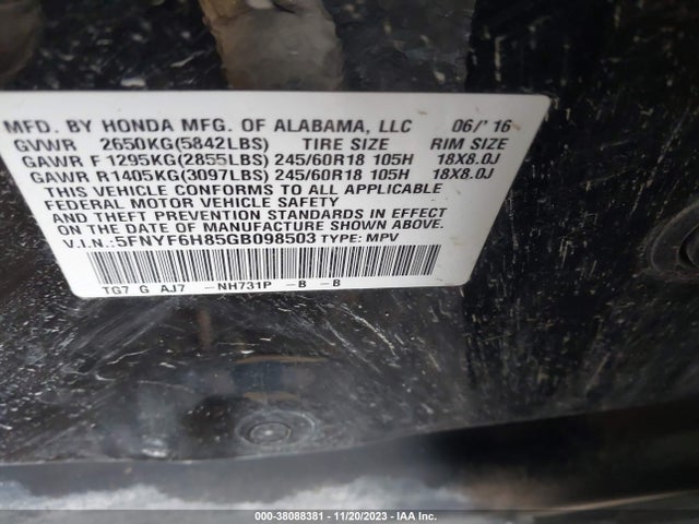 Honda Pilot Ex-l 2016 5FNYF6H85GB098503 Image 9