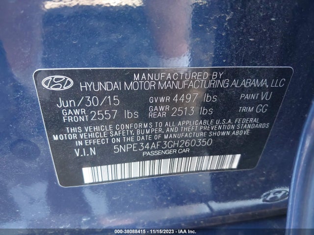 2016 HYUNDAI SONATA SPORT VIN: 5NPE34AF3GH260350