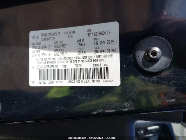 38088827 :رقم المزاد ، 1D7HA18D65J596221 vin ، 2005 Dodge Ram 1500 Slt/laramie مزاد بيع